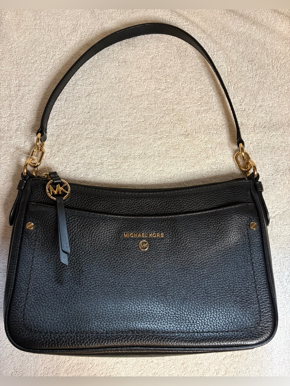 Michael Kors Jet Set Charm Medium Top Zip Pochette Black Pebbled Leather Bag